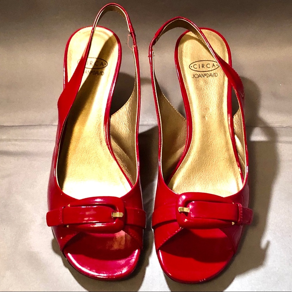Joan and David Red Patent Leather Slingback Wedge